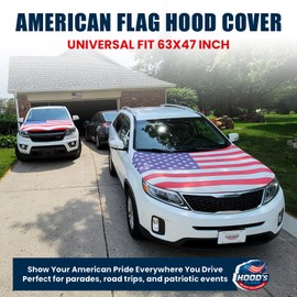 Hood's Flags] American Flag Car Hood Cover 63"x47" (160x120 cm) – Stars & Stripes USA Decoration – Universal Fit for Cars, SUVs, Trucks – Stretch Polyester-Spandex –Weather-Resistant Secure Fasteners