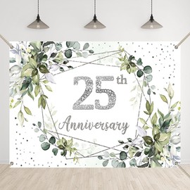 Bellicremas Greenery Happy 25th Anniversary Backdrop Green Leaves 25th Birthday Party Celebrating 25 Years of Marriage Background 25 Wedding Anniversary Photography Props Banner with Copper Grommets