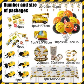 Children's Birthday Party Tableware, 101 Pieces Digger Party Tableware Set, Decoration Birthday for 20 People, Technical Vehicle Themed Party Tableware Decoration Set, Boys Like It Party Decoration,