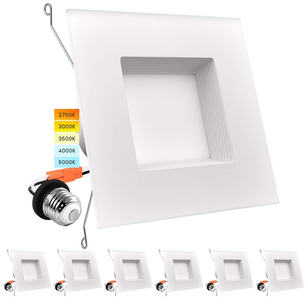LUXRITE 5/6 Inch LED Square Recessed Lighting, 14W=90W, 5 Color Selectable 2700K | 3000K | 3500K | 4000K | 5000K, Dimmable LED Downlight, 1100 Lumens, Wet Rated, IC Rated, Baffle Trim (6 Pack)