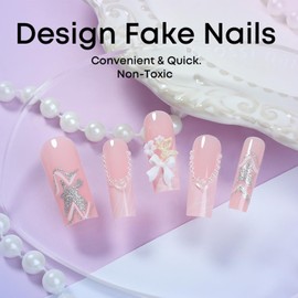 24Pcs Pink Press on Nails Square Long Length French Fake Nails Cute 3D Bow Flowers Butterflies Designs Shine Sequins Full Cover Coffin Nails French Tip Pearls Stick on Nails for Women Girls