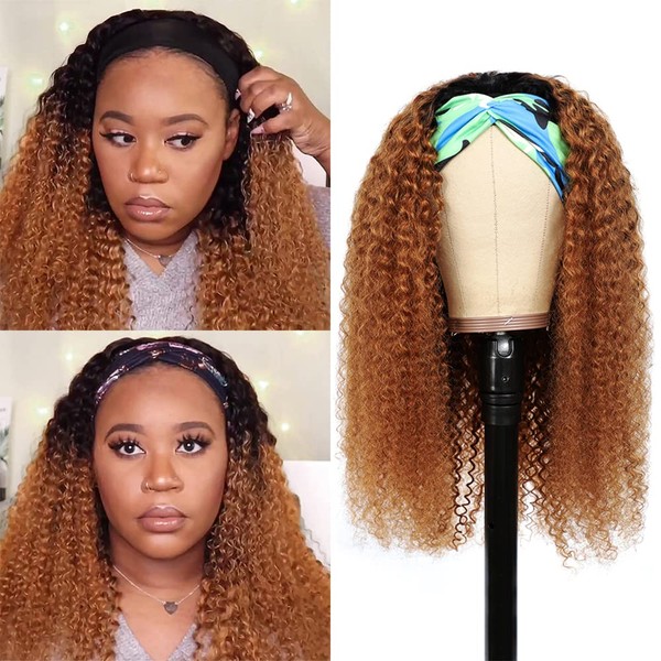 Adette Human Hair Headband Wigs Kinky Curly Ombre Brown 100% Brazilian Human Hair 1b/30 None Lace Front Glueless Wigs for Black Women 180% Density (20 Inch)