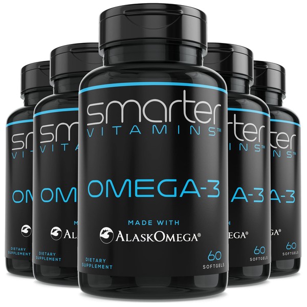 (5 Pack) Smarter Omega 3 Fish Oil, Berry Flavor, Burpless, Tasteless, 2000mg, Potent Triple Strength DHA EPA Brain Omega-3, Joint & Heart Support, Made with AlaskOmega®