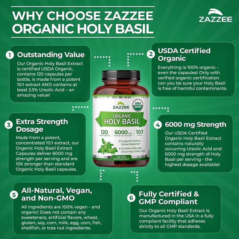 Zazzee USDA Organic Holy Basil 10:1 Extract, 6000 mg Strength,