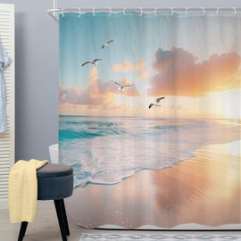 Cinbloo Beach Shower Curtain 60Wx72H Pink Blue Summer Ocean Coastal Sunset Sunrise Hawaii Tropical Bathroom Curtain Seaside Bird Nautical Bath Curtain Fabric Sea Scenery Bathroom Decor with 12 Hooks