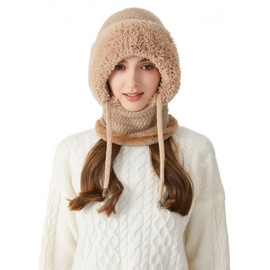 KEOYA Winter Ski Plush One Piece Hat for Women Slouchy Mask Beanie Cap with Drawstring Warm Fleece Lined Balaclava for Snow Fun Khaki M