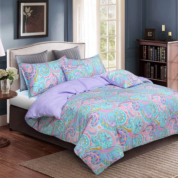 Softta Queen Size Colorful Paisley Western Bedding 88×88 inches Bedding Sets Vintage Girls Kids 3Pcs Zipper Closure Duvet Cover Sets 100% Cotton Light Purple B Chic Boho Bedding Collection
