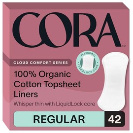 Cora Period Liners | 100% Organic Cotton Topsheet | Ultra Thin, Quick Absorbency | Hypoallergenic | Dermatologically Tested | Unscented, No Wings (42 Regular Liners)