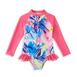HPSOM Kids Girls Swimsuit Long Sleeve One Piece Swimwear Zipper Bathing Suit UV Protection Rash Guard Swimming Pink