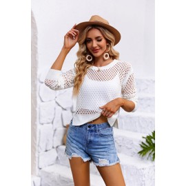 Women's Crochet Mesh Sweaters Hollow Out Long Sleeve Knit Top Bikini Beach Cover Ups, White, X-Large