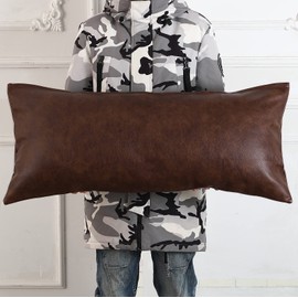 PANOD Decorative Lumbar Throw Pillow Covers 16 x 36,Premium Faux Leather Long Pillow Covers Cushion Case for Farmhouse Sofa Couch Bed Livingroom,Modern Boho,Vegan Dark Brown