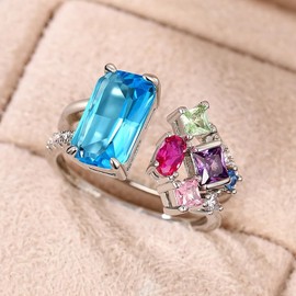 Opening Exaggerated Multicolored Diamond Zircon Open Ring Special Shape Blue Diamond Geometric Ring Womens Rings Multicolor Cubic Zirconia Rainbow Ring 14k White Gold Filled Wedding Bridal Band Ring