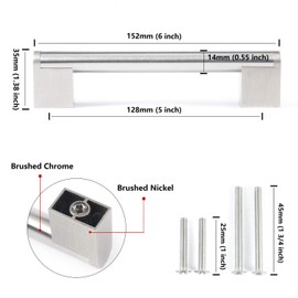 FULGENTE Brushed Nickel Drawer Pulls, Stainless Steel Chrome Modern Cabinet Handles Kitchen Hardware Cupborad Armoire Wardrobe, 5 inch Hole Center - 6 inches Total Length（ Pack of 5 ）
