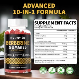 Nutravita Berberine Gummies with Ceylon Cinnamon 1500mg High Potency Berberine HCL Supplement for Immune and Metabolism Support, Sugar Free Organic Berberine Gummies Strawberry Flavor-2PACK