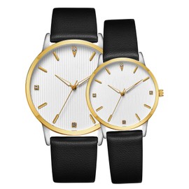 CIVO Wrist Watch Women's Men's Leather Strap Analogue Quartz Pair Watches Waterproof Luminous Watch Unisex Minimalist Watch Gifts for Women Men, Couples-Black-Gold, Strap.