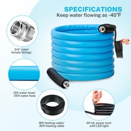 Kohree 25FT Heated Drinking Water Hose for RV, -40 ℉ Heated RV Fresh Water Hose 5/8", Heavy Duty Heated Water Hose for RV, Camper, Truck, Leak Free, Abrasion-Resistant Cover, Energy Saving Thermostat