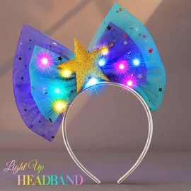 Catery Light Up Bow Headband Star Bowknot Headpiece Rave Costume Accessories for Women (Purple+Green)