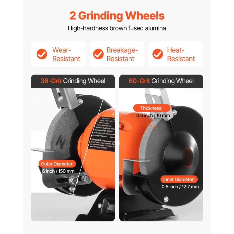Single Speed 6-inch Bench Grinder with 1750RPM Low-Speed Table 250W
