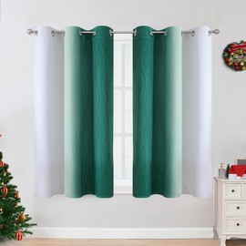 VEHEDE Ombre Blackout Curtains with Eyelets, Colour Gradient Opaque Curtains, Thermal Curtain, Cold Protection, Window Curtains, Short for Bedroom, H 114 x W 107 cm, Dark Green and White, Set of 2