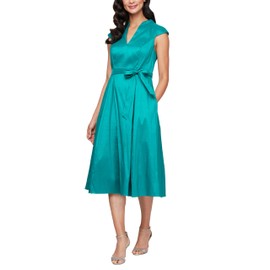 Alex Evenings Women's Stretch Taffeta Wedding Guest Dress with Full Skirt, Pockets, and Tie Belt (Petite and Regular Sizes), Teal