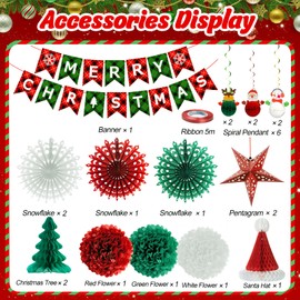 Paper Christmas Decorations Honeycomb Christmas Hanging Decorations Merry Christmas Banner Bunting Reusable Grinch Christmas Party Decorations Wall Ceiling Indoor Red and White Paper Stars Snowflakes