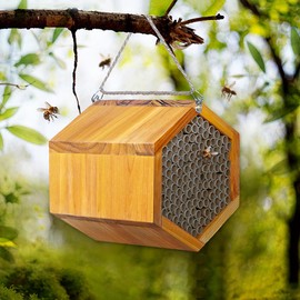 Mason Bee House - Handmade Natural Wooden Bee Hive Coated with Wax for Water-Proof and Long Service Life - Attracts Peaceful Bee Pollinators to Your Garden, Bee Houses for Garden