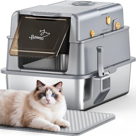 L7 Pro-Stainless Steel Litter Box with Lid, XXL Extra Large Enclosed Metal Cat Box for Kitty&Big Cats, Odor Control - Cat Litter Deodorizer, High Sided Enclosure with Scoop & Mat, Anti-Leakage-Grey