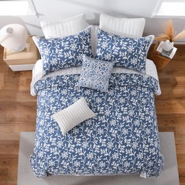 SOElinens Quilts King Size - Blue White Quilt Set with Matching Shams, Garden Floral Design Farmhouse Reversible Bedding Bedspread, 3 Pieces 100% Cotton Lightweight Coverlet for All Season