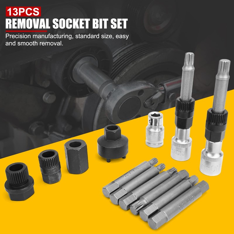 EVTSCAN 13pcs Alternator Freewheel Pulley Removal Tool Kit, Heat-Treated Carbon