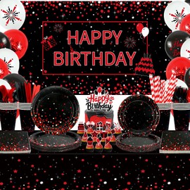 KEFAN Red Black Birthday Party Decorations, Red Black Theme Party Tableware Supplies including Backdrop, Plates, Cups, Napkins, Tablecloth, Balloons, Serves 20