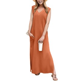 GRECERELLE Women's Summer Casual Loose Beach Split Long Maxi Dress with Pockets (Medium, Tan)