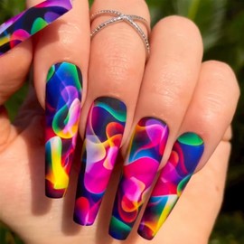 Colorful Press on Nails Long Square Coffin Fake Nails with Water Ripple Rainbow Design Ballet Full Cover Glossy Acrylic Nails False Nails Colorful Gradient Stick on Nails Glue on Nails for Women 24Pcs