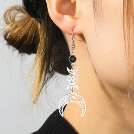 Triple Moon Goddess Earrings Stainless Steel Pentagram Pentagram Pagan Wiccan Magic Amulet Jewelry for Women, Stainless Steel, No Gemstone