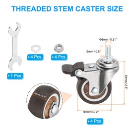 PATIKIL 2 Inch Stem Casters Wheel with Brake, 4 Pack Low Profile TPR Threaded Swivel Wheel 360° Quiet Rotation M8 x 15 mm Total Load 231 Lbs for Rolling Cart Furniture, Brown