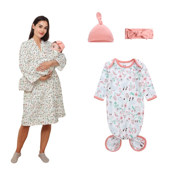 Maternity Robe and Matching Baby Knotted Gown with Hat Set,