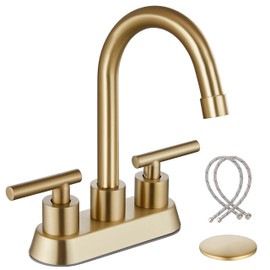 Airuida 4 Inch Centerset Bathroom Faucets,2 Handle Bathroom Sink Faucet,Two Hole Restroom Vanity Faucet with Pop Up Drain 2 Water Supply Lines and Swivel Round Spout Brushed Gold