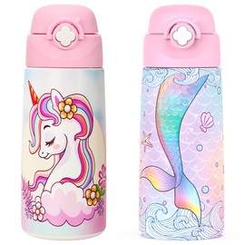 Girls Insulated Water Bottle with Covered Pop-Up Straw,16 oz Kids Cups with Stainless Steel Leak Proof for School（2 pack,Unicorn+Mermaid）