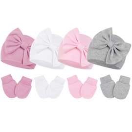Durio Newborn Baby Hat and Mittens Set Newborn Hats Soft for Infant Girls Boys Hats 6-12 Months Gloves Baby Winter Hat and Mitten Set G White & Pink & Grey & Deep Pink M