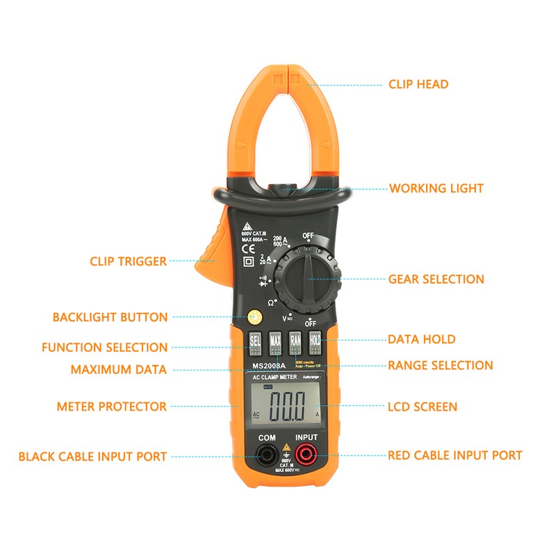 PEAKMETER PM2008A Handheld Digital LCD Clamp Meter AC/DC Voltage Diagnostic