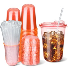 MOQRUAO 50 Sets Clear Plastic Cups with Lids and Straws, 16 oz Disposable PET Cups for Iced Coffee, Smoothies, Cold Drinks, Juice, Party, Coffee (50, Pink (16 oz))