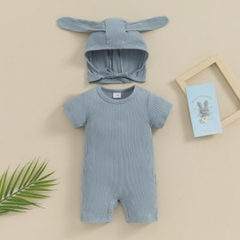 Ursobutegl Newborn Baby Boy Girl Romper Easter Outfits Bunny Ear Hoodie Button onesie Bodysuits Jumpsuit Overall Rabbit Hat (Blue Bunny Jumpsuit, 6-9 Months)