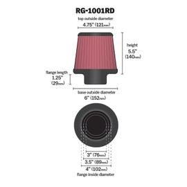 K&N High-Flow Original Lifetime Universal Clamp-On Air Filter: High Performance, Premium: Flange Diameter: 4 In, Filter Height: 5.5 In, Flange Length: 1.125 In, Shape: Round Tapered, RG-1001RD