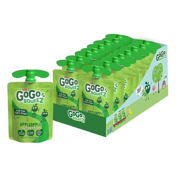 GoGo squeeZ Applesauce, Apple Apple, 3.2 Ounce (18 Pouches), Gluten Free, Vegan Friendly, Unsweetened Applesauce, Recloseable, BPA Free Pouches