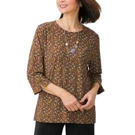 FLUTE.MF Women's Pullover, 3/4 Sleeves, Slit, Loose, Large Size, Body Cover, Print, Stylish, Commuting, Outing, Misses, Spring, Summer, Autumn, Orange flower pattern