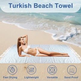 Amibud Oversized Turkish Beach Towel Quick Dry Sand Free Boho Blanket Extra Large XL Swim Bath Pool Picnic Accessories Airplane Travel Vacation Essentials Women Mother Birthday Gift Yoga Mat (Blue)