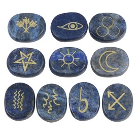 Amogeeli Lapis Lazuli Witch Rune Stone Set of 10pcs, Gypsy Symbol Engraved Crystal for Divination