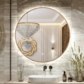 TheiaMo 32" Round LED Bathroom Mirror, Wall Mounted Round Backlit Mirror LED Bathroom Vanity Mirror with Lights Fog Free Circle Lighted Mirror with Gold Frame, Smart Light up Mirror 3-Color