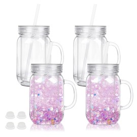 CHLJAR 20 Oz Plastic Snowglobe Tumbler, 4 Pack Pre-Drilled Double Wall Acrylic Mason Jars with Handle For Glitter Snow Globe, Snowglobe Tumbler Supplies