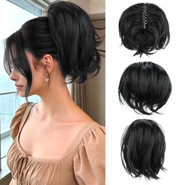 Fairise Short Claw Clip Ponytail Extension, 9 Inch Claw Clip Messy Bun Hair Piece for Women, DIY Bendable Wires Synthetic Hair Straight Black