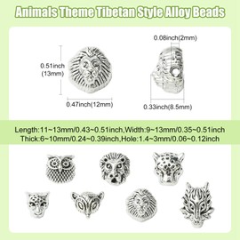UR URLIFEHALL 70 Pcs 7 Styles Animal Themed Spacer Beads Antique Silver Leopard Fox Lion Shaped Beads for Jewellery Making Crafts Hairbands
